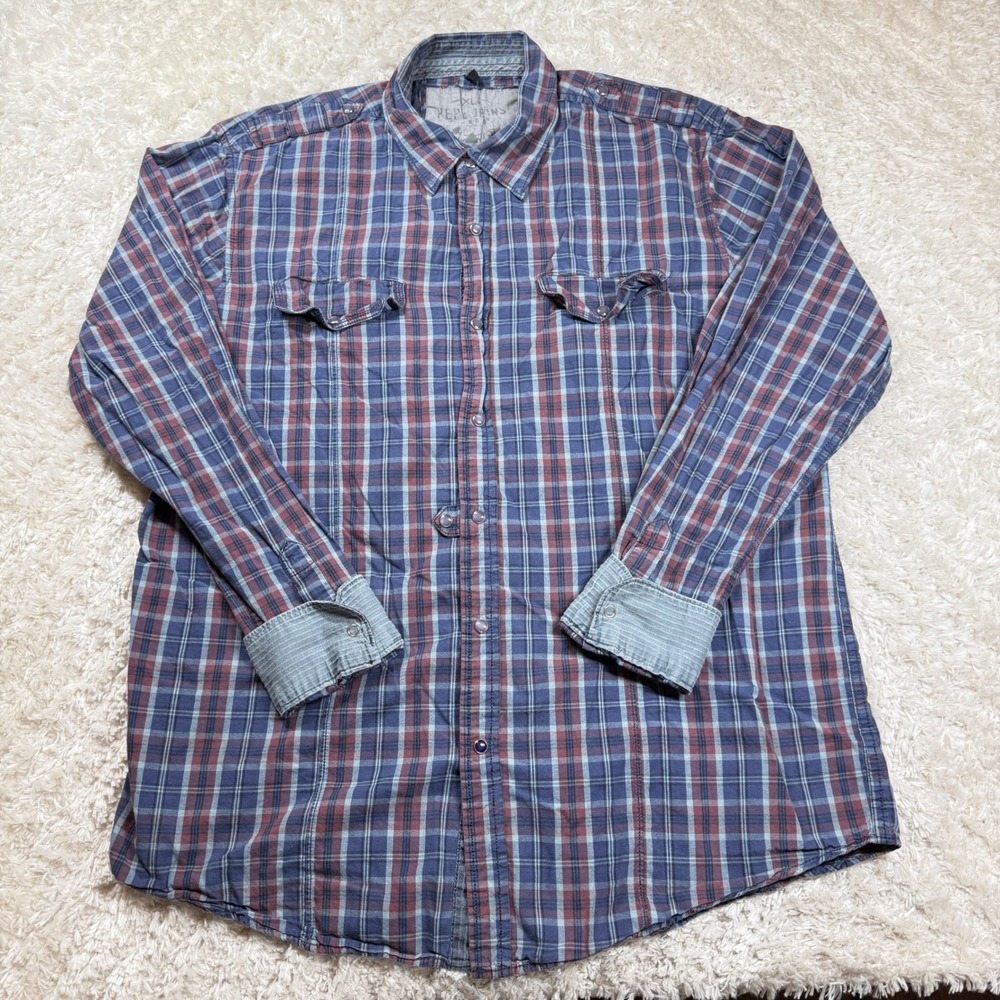 Pepe Jeans Shirt Mens XL Plaid Pearl Snap Indie Y2K Flip Cuff VTG Street Punk